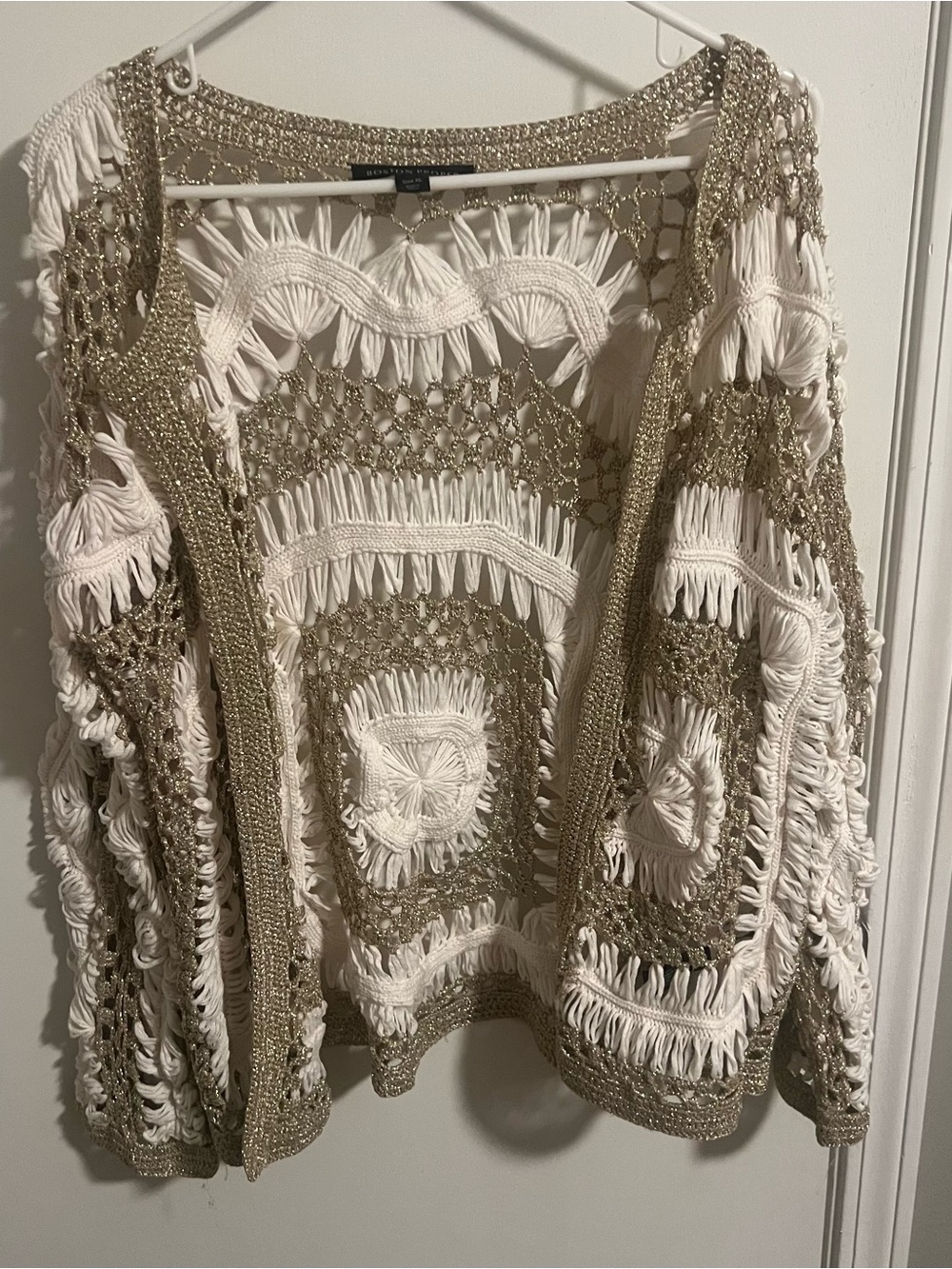 Boston Proper Metallic Gold Crochet Fringe Open Cardigan Sweater Boho Top XL